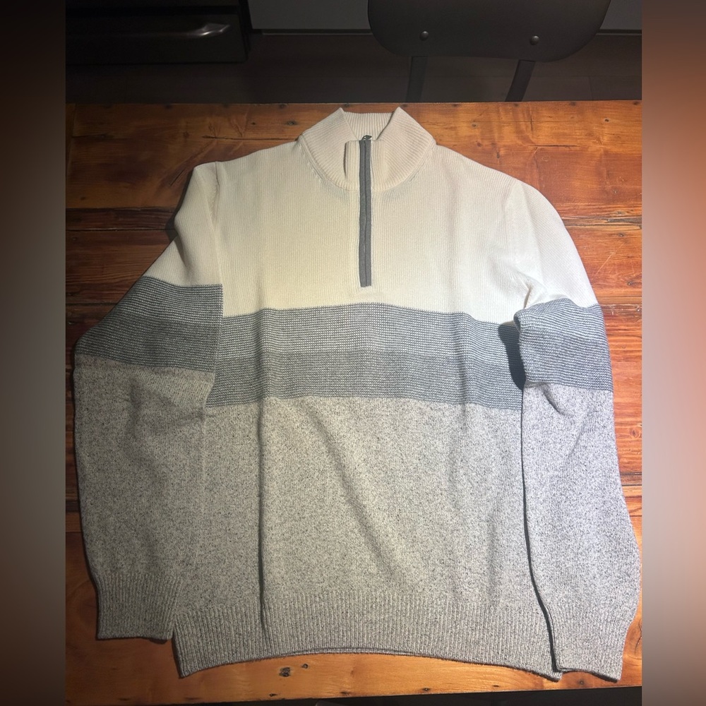 Gran Sasso Men's Zip-Up Colorblock Sweater in Cream and Gray Size 52 aka L